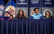 President Brian O. Hemphill, Ph.D., and Award-winning actress Angela Bassett watches the graduates enter Chartway Arena during Old Dominion University's commencement exercises on May 6. Photo Chuck Thomas/ODU